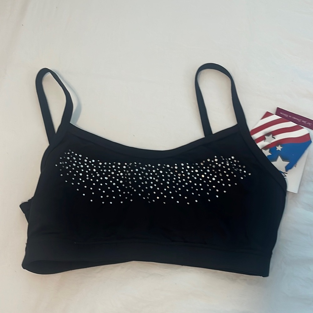Motionwear Bra Crop Dance Top Black rhinestones Size Adult Large NEW WITH TAGS